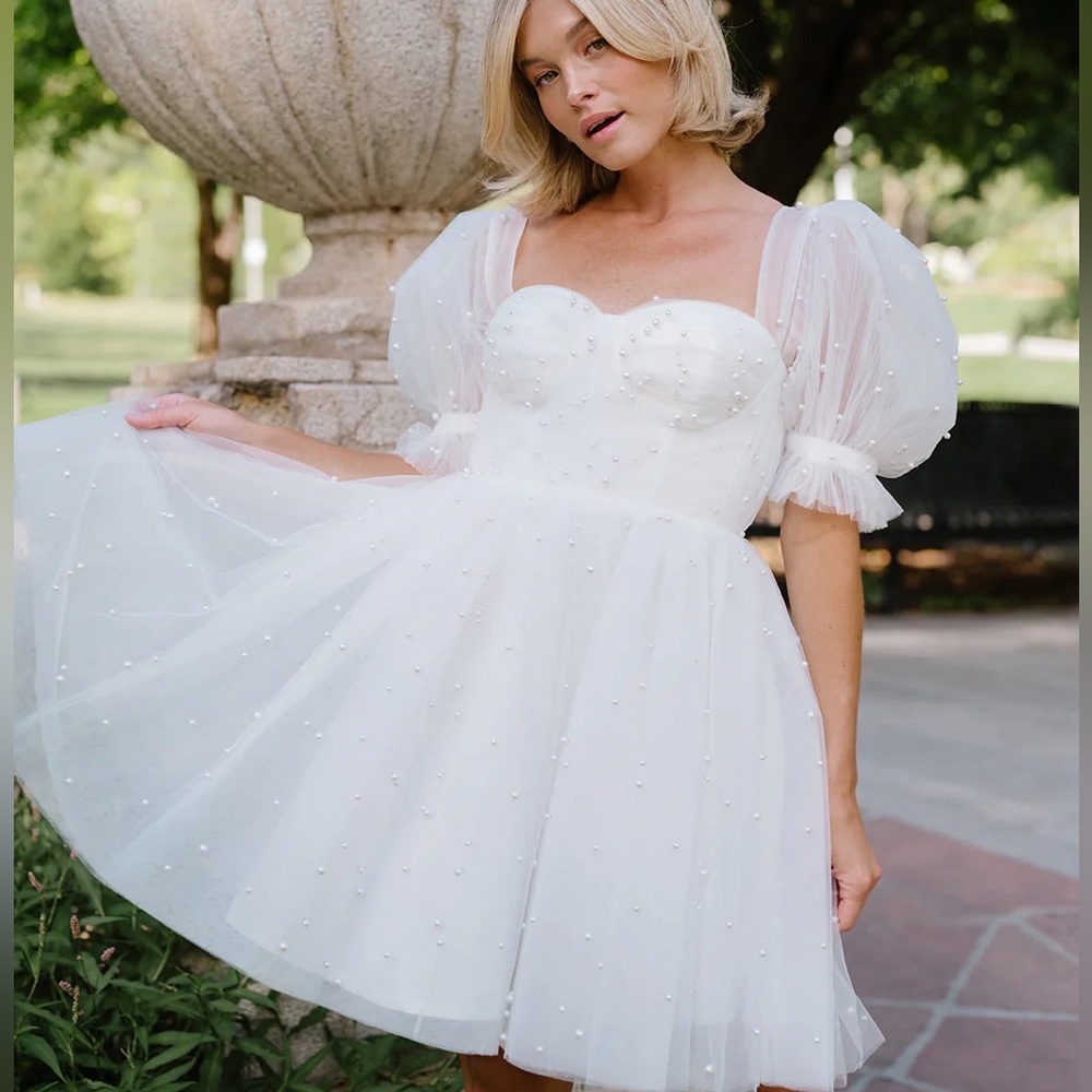 White Pearl Mini Puff Sleeve Dress
